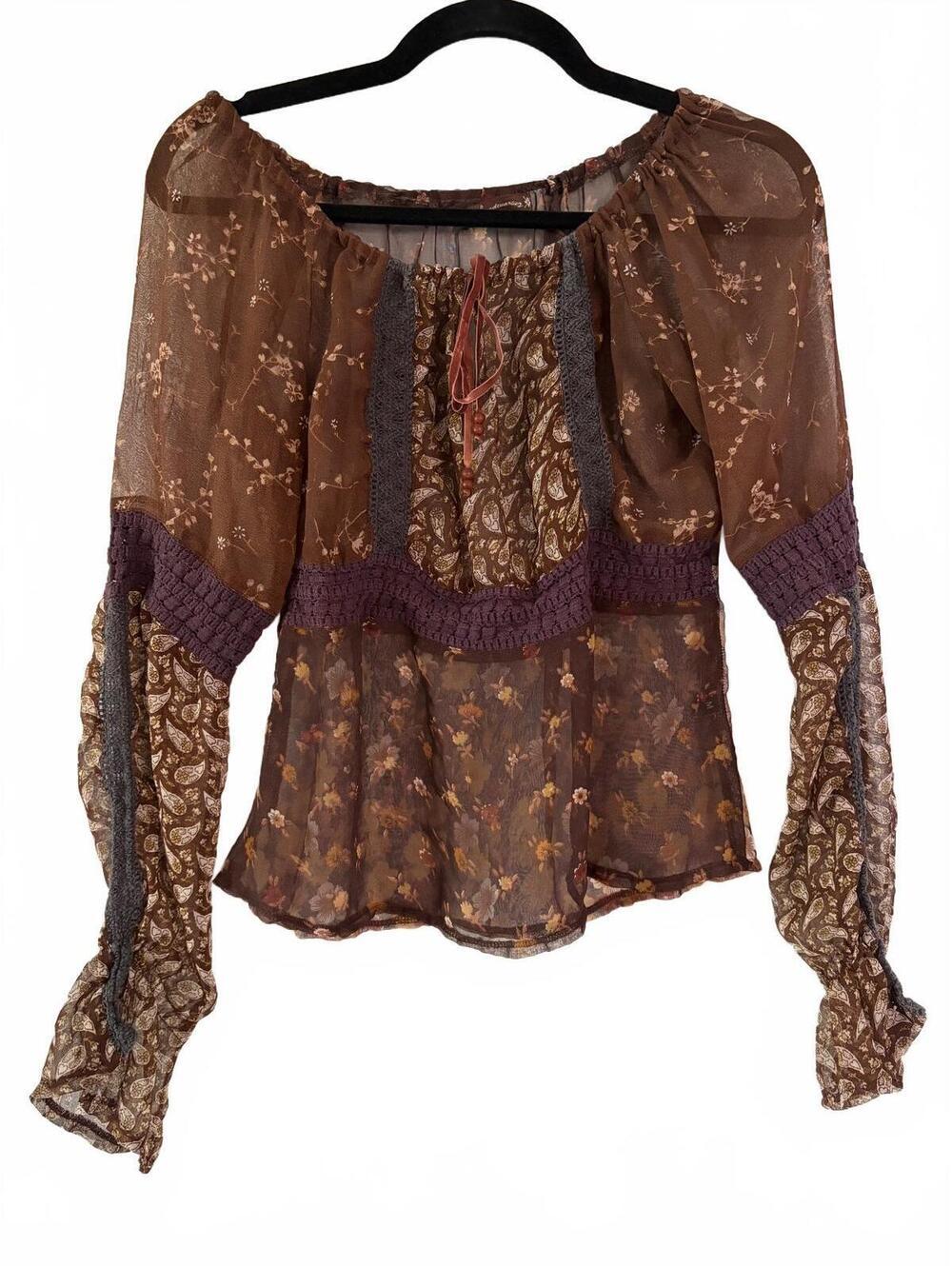 Stradivarius Euro Womens Size M Brown Boho Sheer Floral Paisley Tie Neck